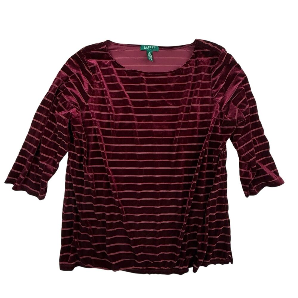 Lauren Ralph Lauren Velvet Top Women 3X Burgundy Burnout Stripe 3/4 Sleeve